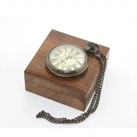 Ahşap Kutulu Vintage Pirinç Köstekli Cep Saati | Koleksiyonluk Antik Dekoratif Hediye