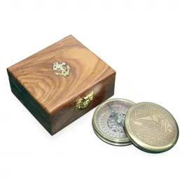 Ahşap Kutulu Antik Pirinç Denizci Pusulası His Master's Voice Gravürlü Dekoratif Hediye