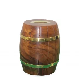 El Yapımı Ceviz Ahşap Fıçı Kumbara - Nostaljik Pirinç Şeritli Dekoratif Para Kutusu