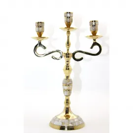 El Yapımı Lüks Pirinç Sedef İşlemeli Üçlü Şamdan | Ev ve Ofis Dekorasyonu için Zarif Işıklandırma