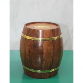 Vintage Stil Pirinç Şeritli Ahşap Fıçı Kumbara | Dekoratif Tasarruf Kutusu ve Hediyelik