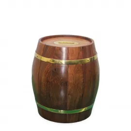 Vintage Stil Pirinç Şeritli Ahşap Fıçı Kumbara | Dekoratif Tasarruf Kutusu ve Hediyelik