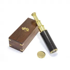 Nostaljik Ahşap Kutulu Denizci Temalı Pirinç Dürbün | Koleksiyonluk Dekoratif Obje