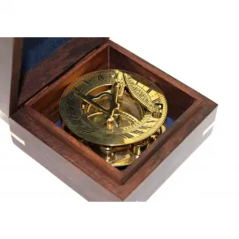 Vintage Pirinç Güneş Saati & Pusula Seti Ahşap Kutulu | Koleksiyonluk Şık Dekoratif Hediye