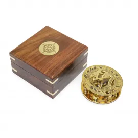 Vintage Pirinç Güneş Saati & Pusula Seti Ahşap Kutulu | Koleksiyonluk Şık Dekoratif Hediye