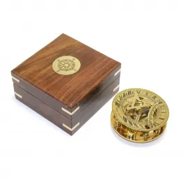 Vintage Pirinç Güneş Saati & Pusula Seti Ahşap Kutulu | Koleksiyonluk Şık Dekoratif Hediye