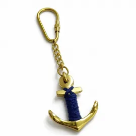 Şık Pirinç Denizci Çapa Anahtarlık Mavi İp Detaylı – Deniz Temalı Anahtar Aksesuarı 11 cm