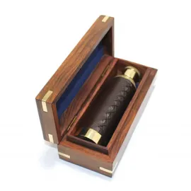 Lüks Ahşap Kutulu Antika Stil Pirinç Denizci Dürbünü Teleskop | Dekoratif Obje