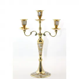 El İşçiliği Pirinç ve Sedef Kakmalı Üç Kollu Şamdan | Salon ve Masa Dekoru İçin Eşsiz Sanat Eseri