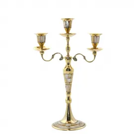 El İşçiliği Pirinç ve Sedef Kakmalı Üç Kollu Şamdan | Salon ve Masa Dekoru İçin Eşsiz Sanat Eseri