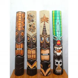 1 Metre El Oyması Ahşap Duvara Asmalı Dekoratif Tiki Mask Figürü Etnik Sanat Objeleri