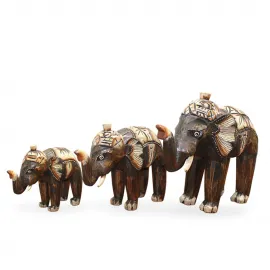 El Yapımı Ahşap 3'lü Fil Dekoratif Biblo Seti | Ev Ofis İçin Etnik Tasarım Objeler