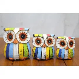 El Yapımı Ahşap Renkli Baykuş Biblo Seti 3'lü - Ev ve Ofis Dekorasyonu İçin Özel Tasarım