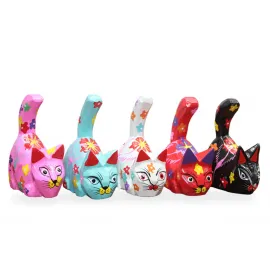 El Boyaması Ahşap Dekoratif Kedi Biblo | Canlı Renklerde Ev Ofis Dekorasyonu