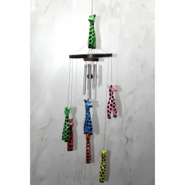 El Yapımı Ahşap Zürafa Figürlü Rüzgar Çanı | Bahçe & Ev Dekorasyonu 60 cm