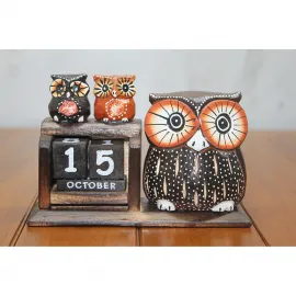 El Yapımı Ahşap Baykuş Temalı Sürekli Masa Takvimi | Dekoratif Biblo Hediyelik