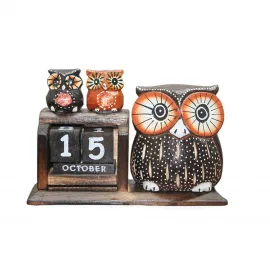 El Yapımı Ahşap Baykuş Temalı Sürekli Masa Takvimi | Dekoratif Biblo Hediyelik