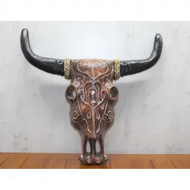 El Yapımı Oymalı Ahşap Bufalo Kafası Duvar Dekoru | Otantik Rustik Boğa Figürü Objesi