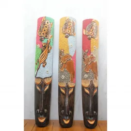 El Yapımı Ahşap Duvara Asmalı 100 CM Dekoratif Etnik Desenli Maske Obje Kaplumbağa Kertenkele Fil Figürlü