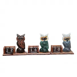 El Yapımı Ahşap Baykuş Tasarımlı Sürekli Masaüstü Dekoratif Takvim Biblosu - Ev ve Ofis Dekorasyonu