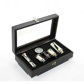 Antika Tarzı Ahşap Kutulu Pirinç Dürbün, Pusula ve Kumsaati Seti - Keşif Ruhunu Yansıtan Özel Dekor