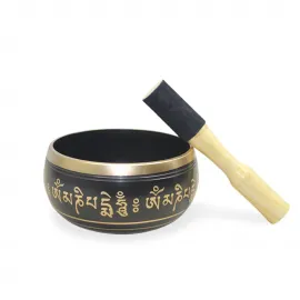 El Yapımı Siyah Pirinç Tibet Meditasyon ve Yoga Ses Kasesi | Mantra Oymalı Ding Çanı