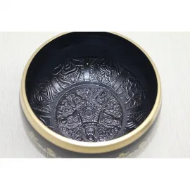 El Yapımı Siyah Pirinç Tibet Meditasyon ve Yoga Ses Kasesi | Mantra Oymalı Ding Çanı