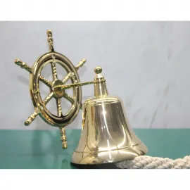 Pirinç Denizci Dümen Görünümlü Duvara Asmalı Gemi Çanı - Otantik Yelkenli Ev Ofis Dekorasyonu