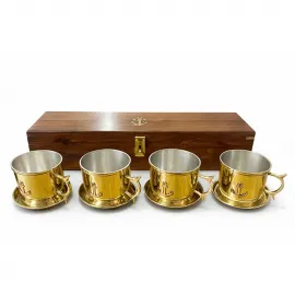 El Yapımı Lüks Ahşap Kutulu 4'lü Pirinç Kahve Fincan Seti - Denizci Temalı