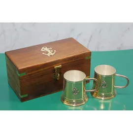 El Yapımı Denizci Temalı Ahşap Kutulu Pirinç Mini Kupa Seti | Ev Ofis Dekor