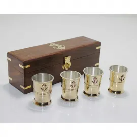 Denizci Temalı Ahşap Kutulu 4'lü Lüks Pirinç Shot Bardak Seti – Koleksiyonluk Hediye