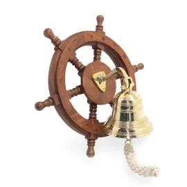 Kaptan Köşkü Havası Katın: Duvara Asmalı Ahşap Dümenli Parlak Pirinç Gemici Çanı