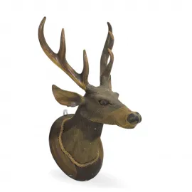 El Oyması Maun Ahşap Geyik Büstü Duvar Dekoru | Rustik Antika Tarz Ev Ofis Objeleri