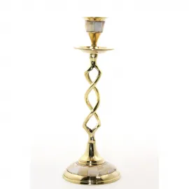 Otantik El Yapımı Pirinç Sedef Kakma Şamdan 21 cm | Tekli Lüks Dekoratif Ev Aksesuarı