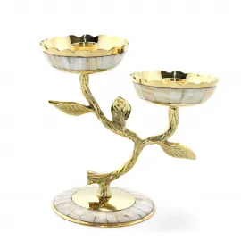 El Yapımı Pirinç Sedef Kaplama Çiftli Şamdan | Lüks Dekoratif Mumluk 15x17 cm