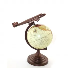 Pirinç Uçak Tasarımlı Vintage Dünya Küre Masaüstü Dekoratif Obje Ev Ofis