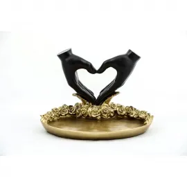 Dekoratif Polyester Sevgi Kalbi El İşareti Biblo ve Altın Renkli Gül Detaylı Sunum Tepsisi