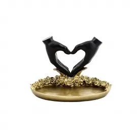 Dekoratif Polyester Sevgi Kalbi El İşareti Biblo ve Altın Renkli Gül Detaylı Sunum Tepsisi