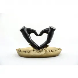 Dekoratif Polyester Sevgi Kalbi El İşareti Biblo ve Altın Renkli Gül Detaylı Sunum Tepsisi