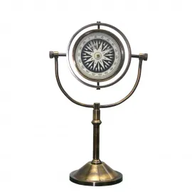 Zarif Antik Pirinç Masaüstü Gimbal Pusula: Dekoratif Denizci Navigasyon Enstrümanı 23x15cm