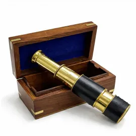 Ahşap Hediye Kutulu Lüks Pirinç Dürbün: Deri Kaplamalı Dekoratif Denizci Teleskop