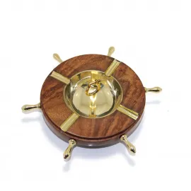 El Yapımı Ahşap ve Pirinç Gemi Dümeni Küllük | Deniz Temalı Dekoratif Obje