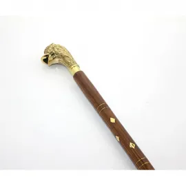 El Yapımı Pirinç Aslan Büstü Saplı Lüks Ahşap Baston - Koleksiyonluk Şıklık