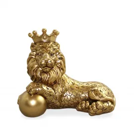 Altın Renkli Taçlı Aslan Biblo Figür | Lüks Polyester Dekoratif Aslan Büstü Ev Ofis Hediye