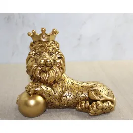 Altın Renkli Taçlı Aslan Biblo Figür | Lüks Polyester Dekoratif Aslan Büstü Ev Ofis Hediye