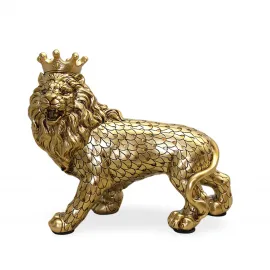 Ev Dekorasyonu İçin Görkemli Altın Taçlı Aslan Biblo Figürü | Kraliyet Temalı Şık Tasarım