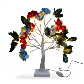 Ev ve Ofis Dekorasyonu İçin Şık Kırmızı Mavi Led Işıklı Yapay Çiçek Ağacı Masa Lambası