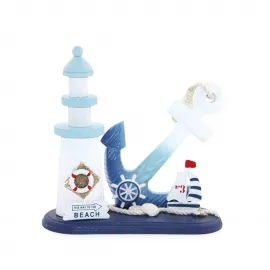 Deniz Tutkunlarına Özel El Yapımı Ahşap Marin Deniz Feneri ve Çapa Biblo | Dekoratif Ev Objesi