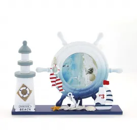 Ahşap Marin Temalı Deniz Feneri ve Dümenli Dekoratif Fotoğraf Çerçevesi Objesi