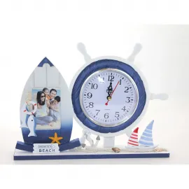 Deniz Temalı Ahşap Dümenli Masa Saati ve Fotoğraf Çerçevesi | Marin Dekorasyon